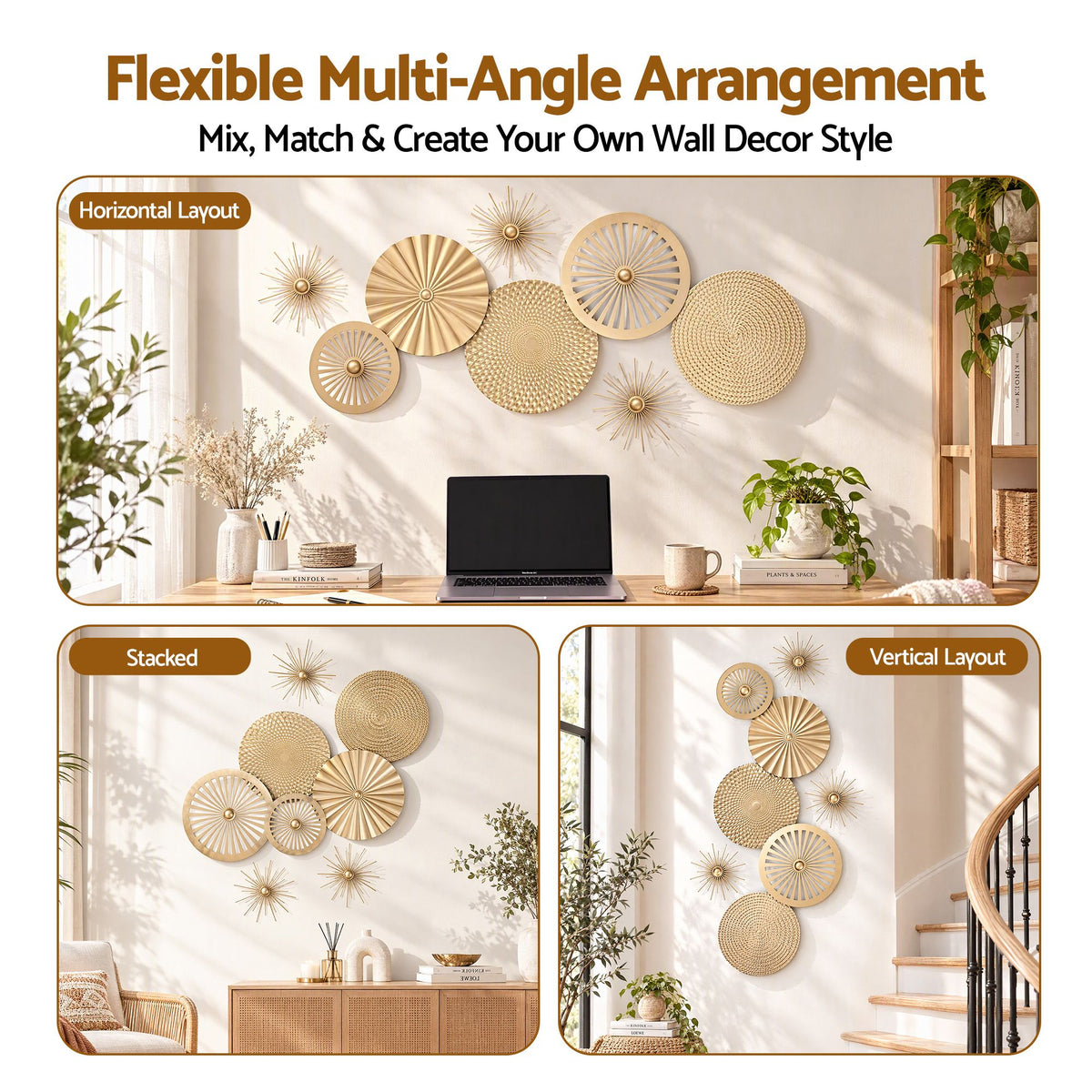 Artiss 8 Pieces Gold Metal Wall Decor Set 3D Starburst Round Disc Sculptures Flexible DIY Layout