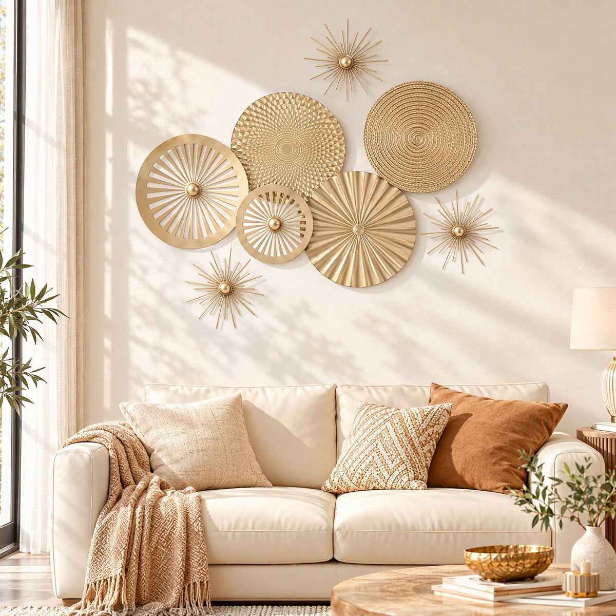 Artiss 8 Pieces Gold Metal Wall Decor Set 3D Starburst Round Disc Sculptures Flexible DIY Layout