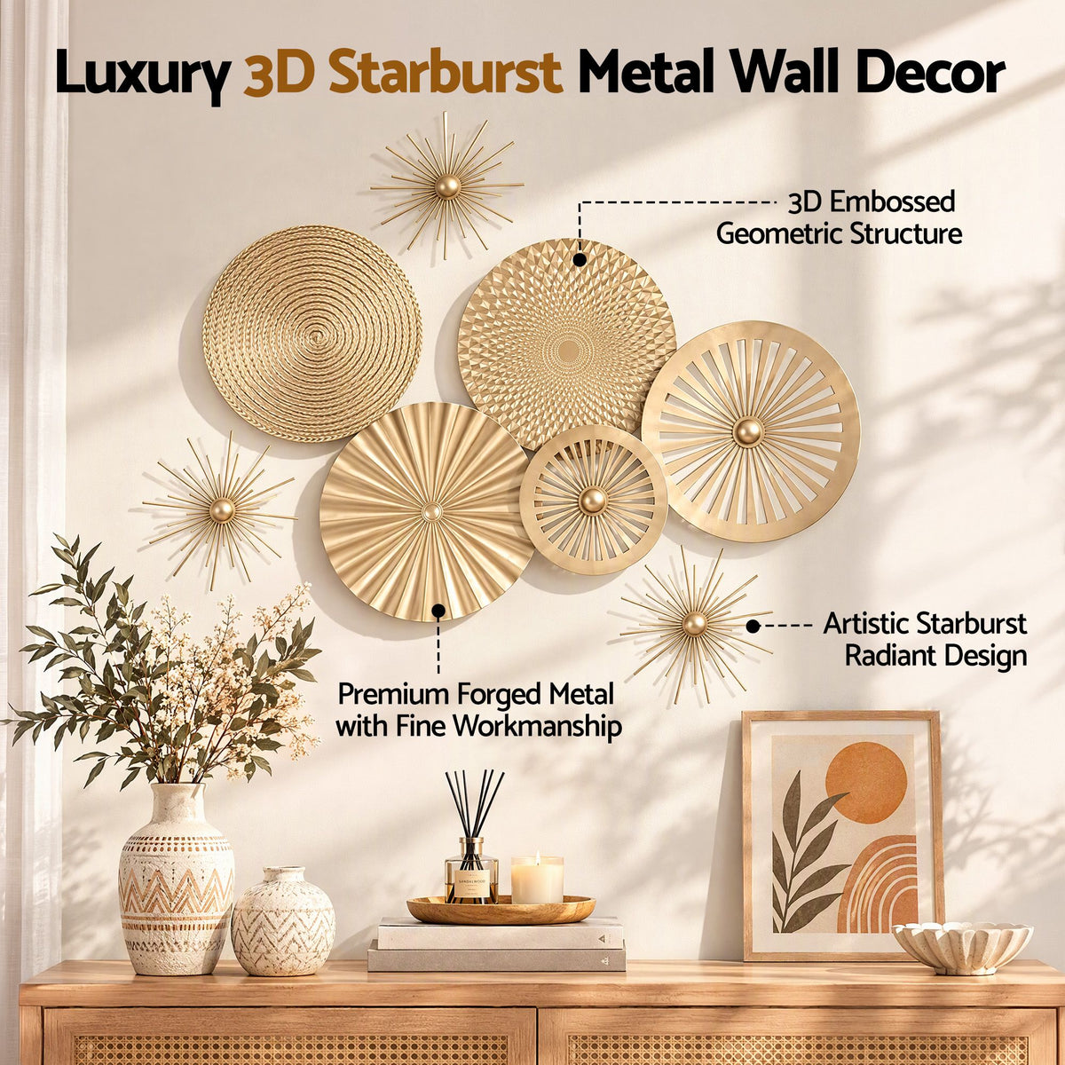 Artiss 8 Pieces Gold Metal Wall Decor Set 3D Starburst Round Disc Sculptures Flexible DIY Layout