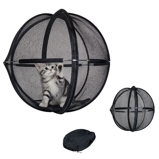 Rollable Mesh Cat Play Ball Enclosure, Foldable Cat Exercise Cage，Black Roll‑around spherical cat play cage, Breathable full mesh construction, Easy fold‑and‑go design, Comes with storage carry bag