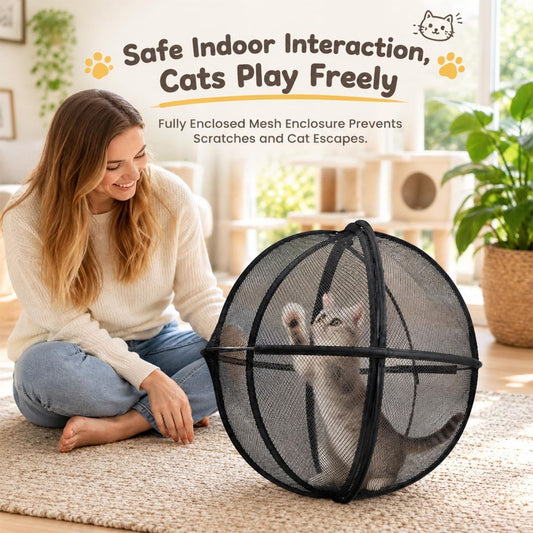 Rollable Mesh Cat Play Ball Enclosure, Foldable Cat Exercise Cage，Black Roll‑around spherical cat play cage, Breathable full mesh construction, Easy fold‑and‑go design, Comes with storage carry bag